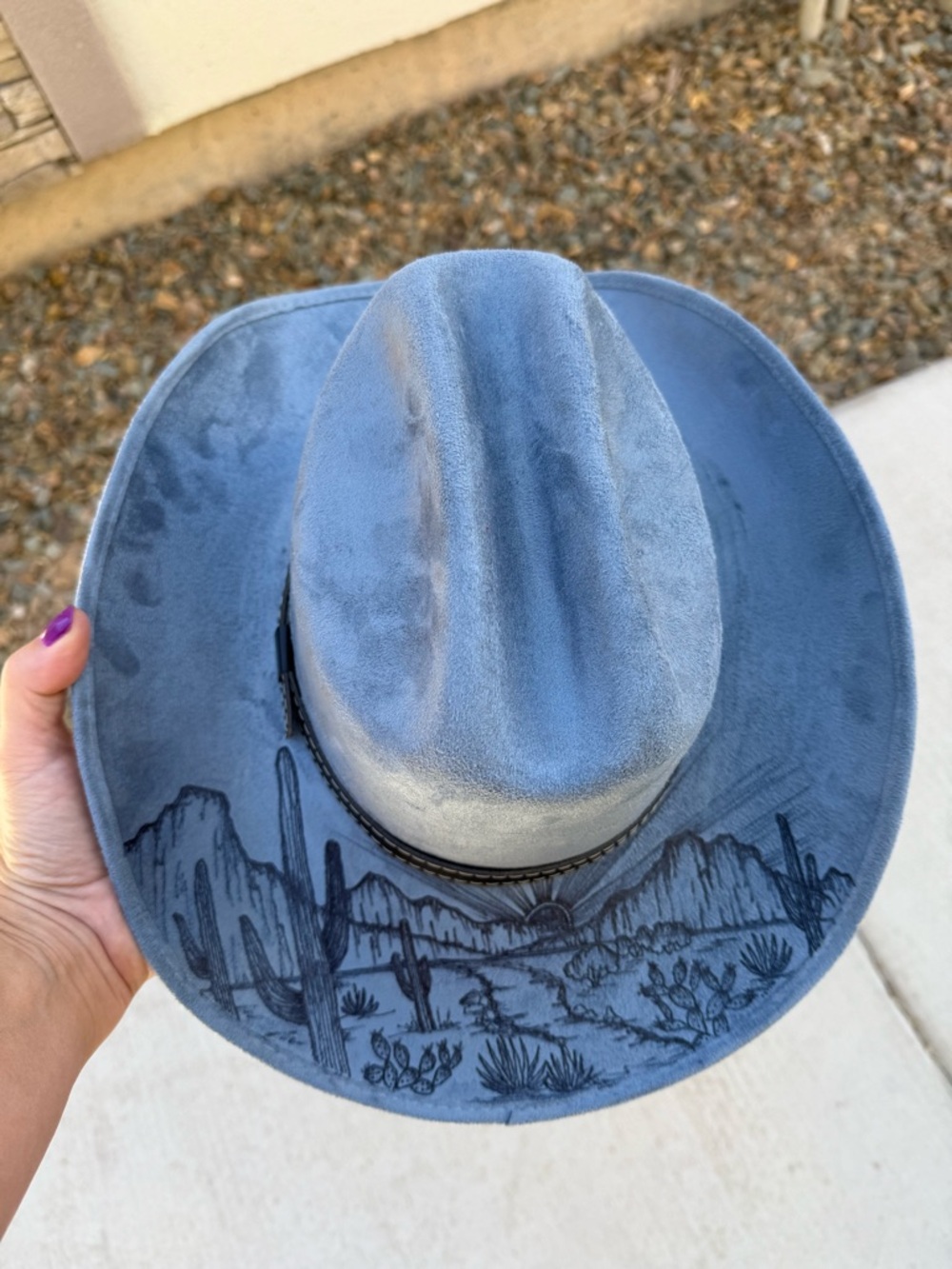Steel blue desert wide brim rancher hat western cowboy hat hand burned